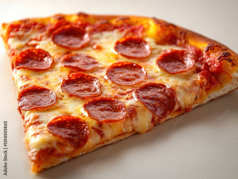 Delicious pepperoni pizza slice with melted cheese and vibrant red sauce on a clean white surface appetizing food photography Delicious pepperoni pizza slice with melted cheese and vibrant red sauce on a clean white surface appetizing food photography