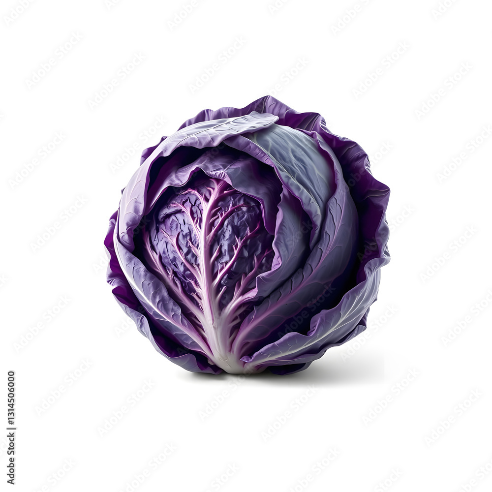 A whole red cabbage, its leaves intricately textured, sits centered against a clean white background A whole red cabbage, its leaves intricately textured, sits centered against a clean white background