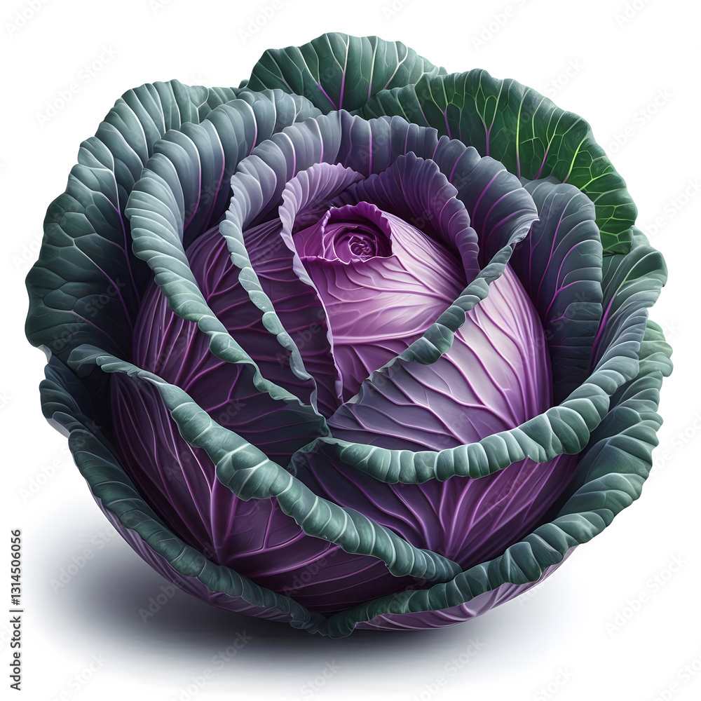 Fototapeta premium A stylized purple cabbage, its leaves layered and textured, is rendered against a clean white backdrop