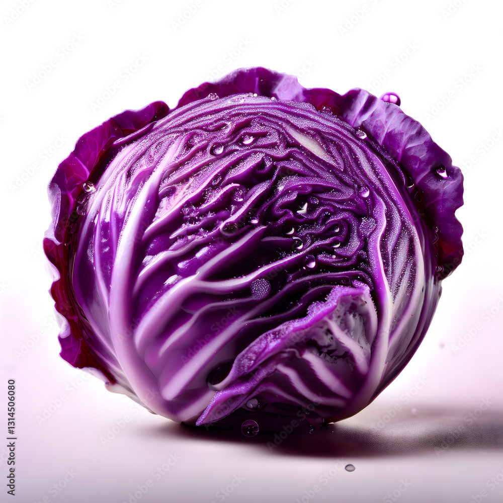 A vibrant red cabbage, adorned with water droplets, sits centered against a soft, gradient background A vibrant red cabbage, adorned with water droplets, sits centered against a soft, gradient background