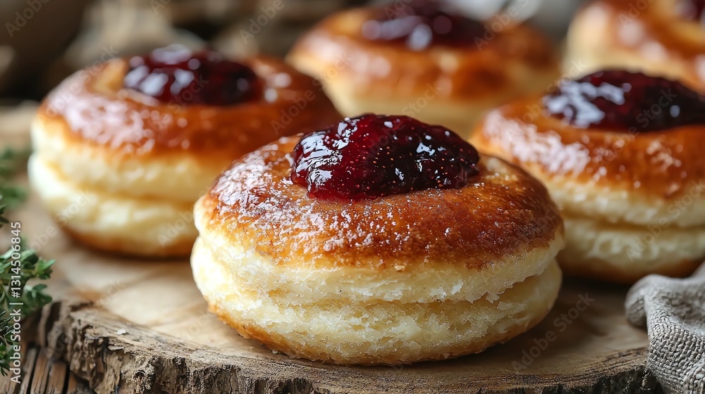 Delicious jam-filled pastries on a rustic wooden platter, perfect for a sweet treat. Delicious jam-filled pastries on a rustic wooden platter, perfect for a sweet treat.