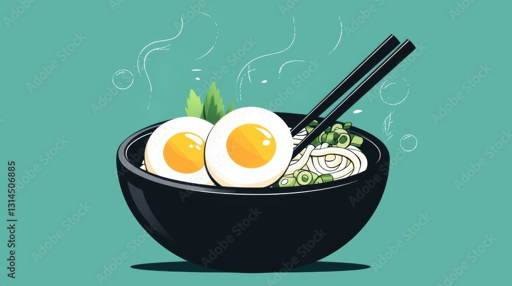 Steaming bowl of ramen with soft-boiled egg and scallions Steaming bowl of ramen with soft-boiled egg and scallions
