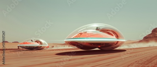 Futuristic hovercrafts racing across a desert landscape, showcasing innovative design and advanced technology.