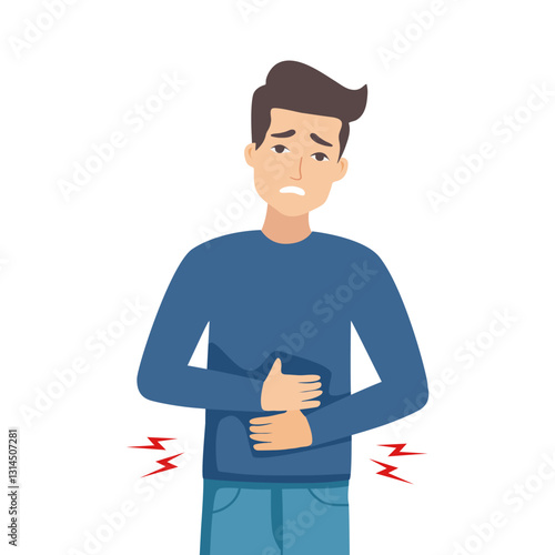 Male Character Experiencing Abdominal Discomfort, Symptom Of Gastritis. Man Feel Pain, And Discomfort In The Stomach Area, Often Accompanied By Indigestion. Cartoon People Vector Illustration