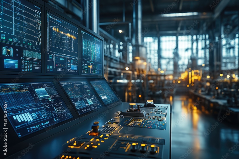 Futuristic Control Panel Interface in Modern Factory Setting Futuristic Control Panel Interface in Modern Factory Setting