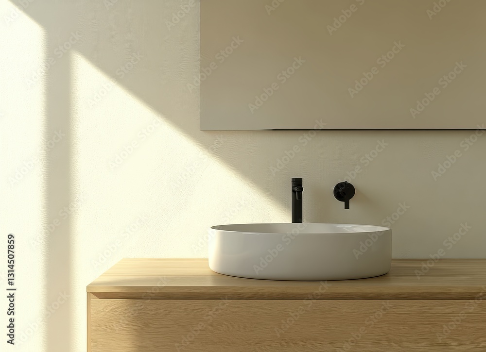 Modern bathroom design featuring a minimalist white sink on a wooden vanity with natural light casting shadows on the wall and sleek black fixtures Modern bathroom design featuring a minimalist white sink on a wooden vanity with natural light casting shadows on the wall and sleek black fixtures
