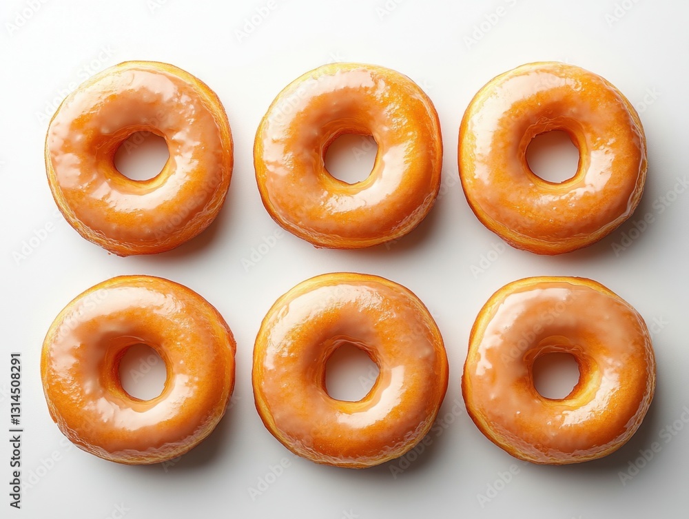 Six glazed doughnuts arranged symmetrically on a white surface creating a visually appealing pattern and inviting mood Six glazed doughnuts arranged symmetrically on a white surface creating a visually appealing pattern and inviting mood