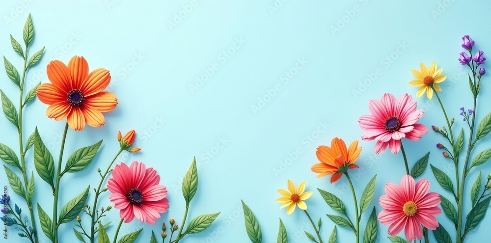 Fototapeta premium Colorful hand-drawn flowers and leaves on a light blue backdrop, whimsical, wallpaper