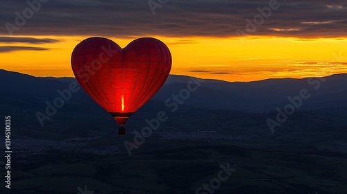 Heart-shaped balloon sunrise flight over mountains