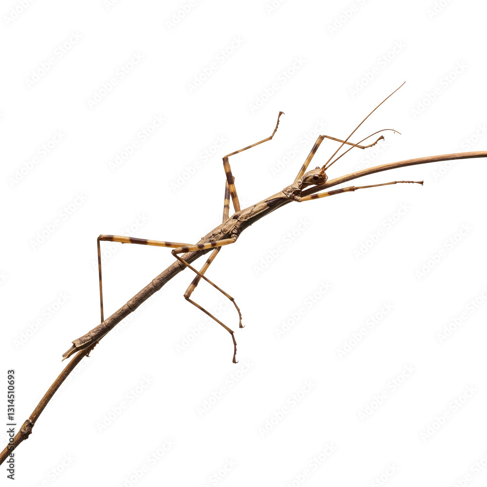 A detailed photograph of a stick insect perched on a twig, captured against a clean white background A detailed photograph of a stick insect perched on a twig, captured against a clean white background