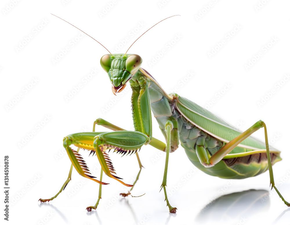 Green praying mantis isolated on white, detailed insect macro shot, highlighting natural textures and form Green praying mantis isolated on white, detailed insect macro shot, highlighting natural textures and form