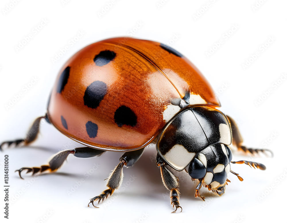 A detailed photograph of a ladybug with an orange body and black spots against a clean white background A detailed photograph of a ladybug with an orange body and black spots against a clean white background