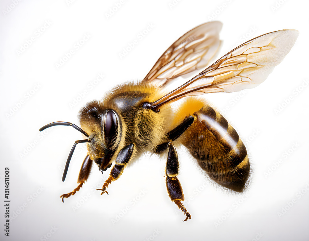 A photorealistic bee with spread wings, featuring intricate details and a warm brown tone, against a clean white background A photorealistic bee with spread wings, featuring intricate details and a warm brown tone, against a clean white background