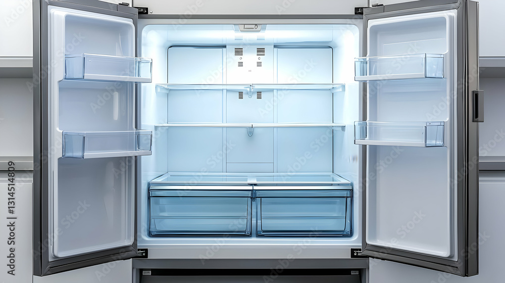 Open Empty Stainless Steel Refrigerator with Clear Glass Shelves and Crisper Drawers in a Modern Kitchen under Bright Interior Lighting optimized for Open Empty Stainless Steel Refrigerator with Clear Glass Shelves and Crisper Drawers in a Modern Kitchen under Bright Interior Lighting optimized for