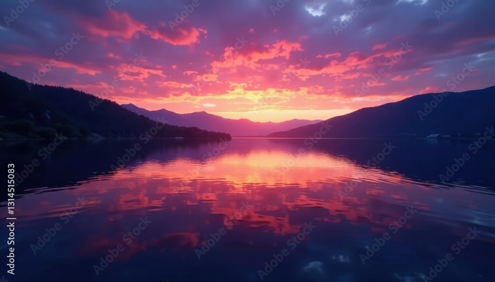 Serene lake, twilight sky reflects on calm water, excellent, peaceful