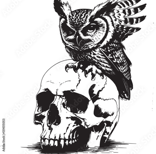 Vector Illustration of Owl Perched on Human Skull - Black and White Art