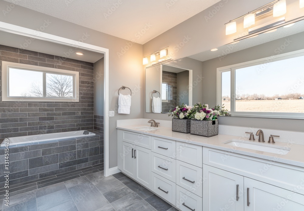 Fototapeta premium Modern bathroom interior with elegant fixtures, large mirror, bright window, bathtub, and stylish flower arrangement in a spacious setting