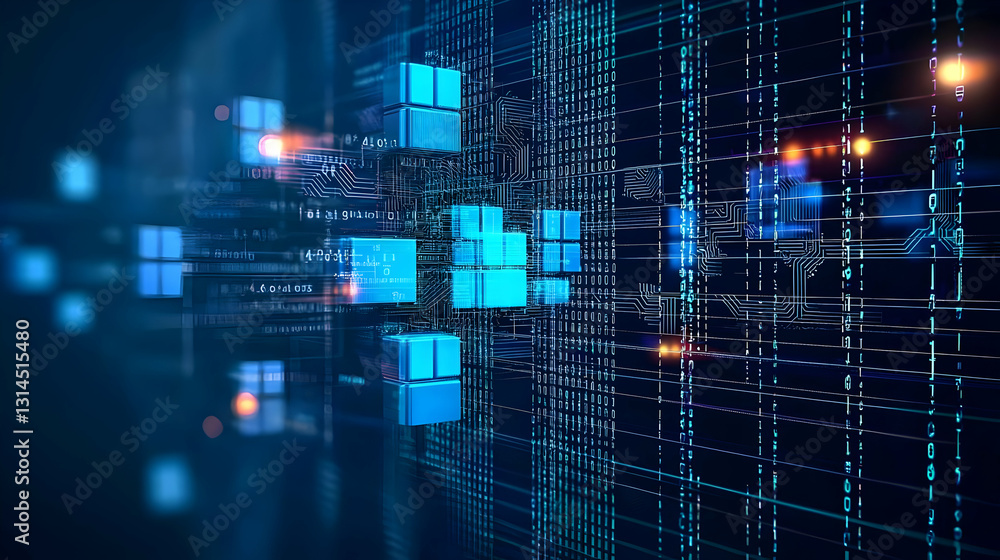 Fototapeta premium Blue Data Stream With Glowing Cubes On Dark Digital Grid