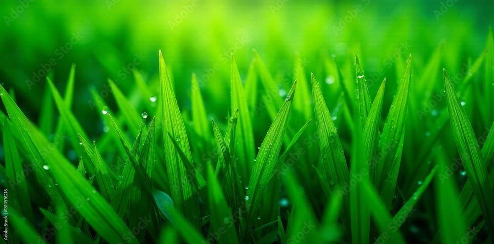 Obraz premium Seamless pattern of lush green grass blades with dew drops, Texture, Nature