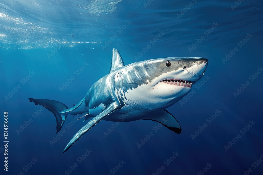 Fototapeta premium Great White Shark Underwater, Ocean Depth, Sunlight