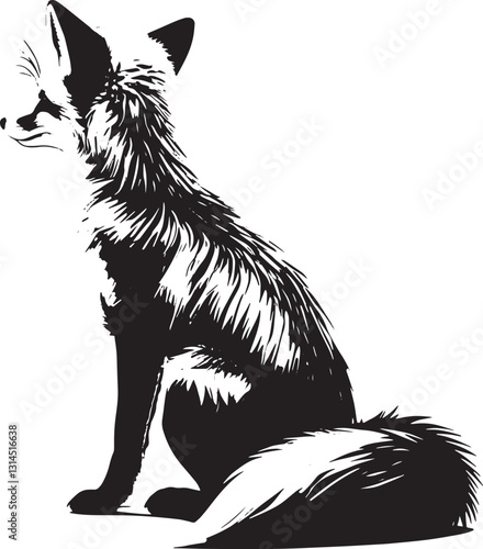 Detailed Black and White Vector Illustration of a Sitting Fox