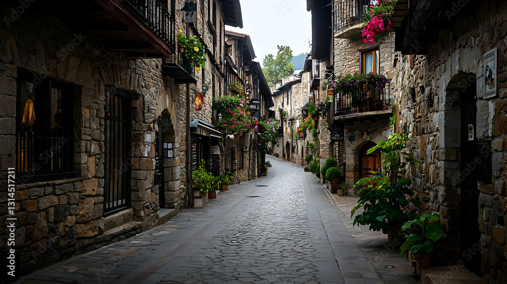 Fototapeta premium Charming Historic Village Street With Stone Buildings Potted Plants And Flowers On A Cloudy Day