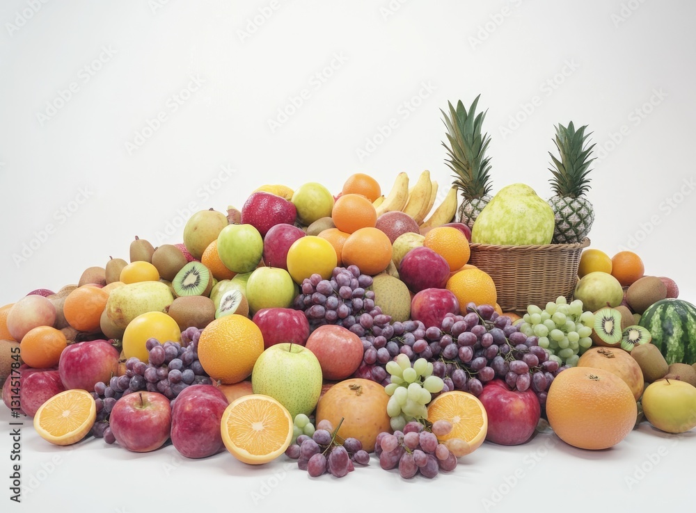 Colorful fruit heap on white background with basket; healthy eating concept Colorful fruit heap on white background with basket; healthy eating concept