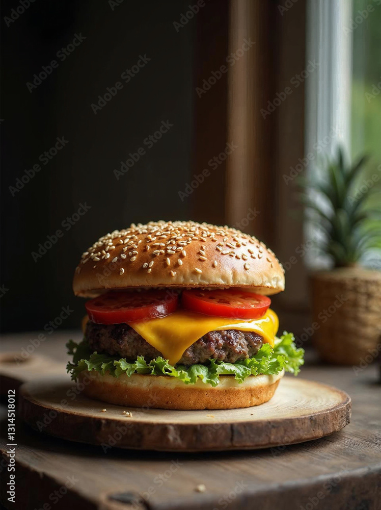 Juicy crafted hamburger on a rustic wooden background good quality of foodtrucks and fastfood