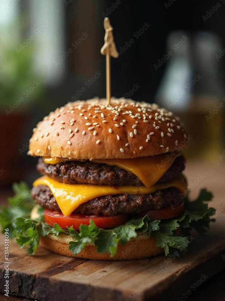Juicy crafted hamburger on a rustic wooden background good quality of foodtrucks and fastfood