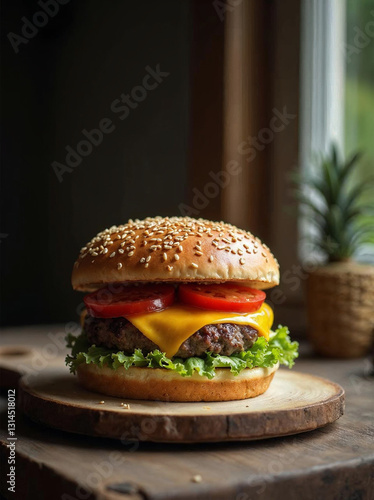 Obraz na płótnie Juicy crafted hamburger on a rustic wooden background good quality of foodtrucks and fastfood w salonie