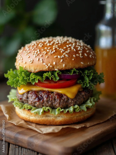 Obraz na płótnie Juicy crafted hamburger on a rustic wooden background good quality of foodtrucks and fastfood w salonie