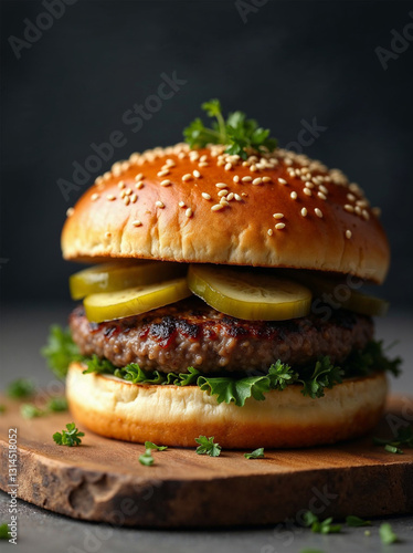 Juicy crafted hamburger on a rustic wooden background good quality of foodtrucks and fastfood