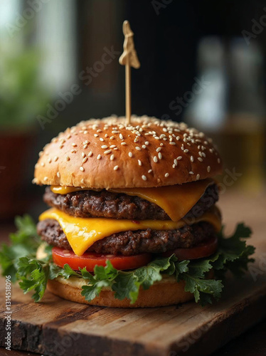 Obraz na płótnie Juicy crafted hamburger on a rustic wooden background good quality of foodtrucks and fastfood w salonie