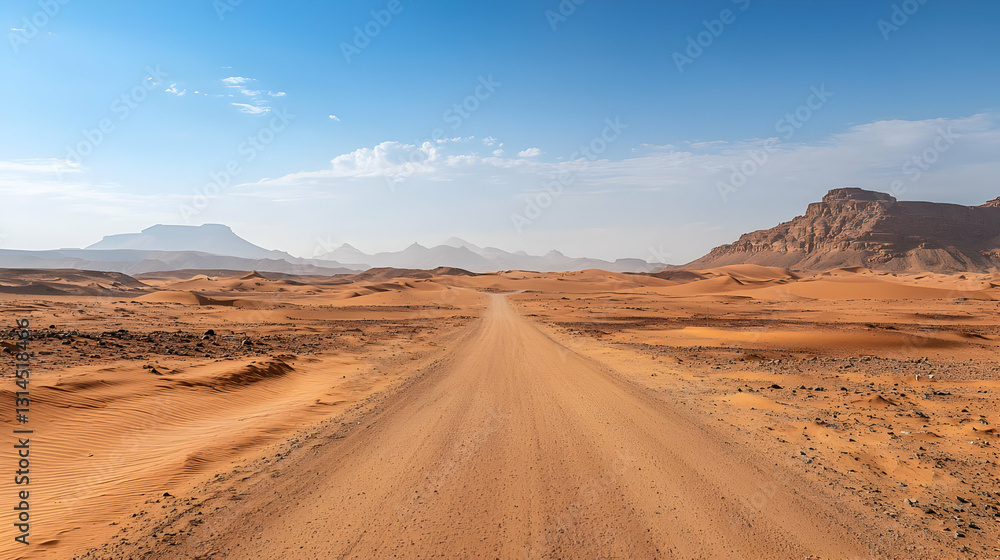Vast Expansive Desert Landscape With Dirt Road Leading Towards Distant Rock Formations Under Bright Blue Sky Vast Expansive Desert Landscape With Dirt Road Leading Towards Distant Rock Formations Under Bright Blue Sky