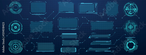 This vector illustration features an array of futuristic digital interface elements, including frames, graphs, and holographic displays. Ideal for technology and gaming projects.