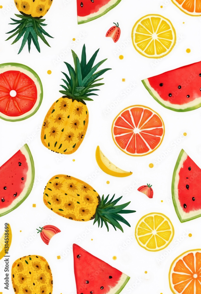 Colorful fruit pattern with pineapple, watermelon, lemon, and strawberries on a bright background Colorful fruit pattern with pineapple, watermelon, lemon, and strawberries on a bright background