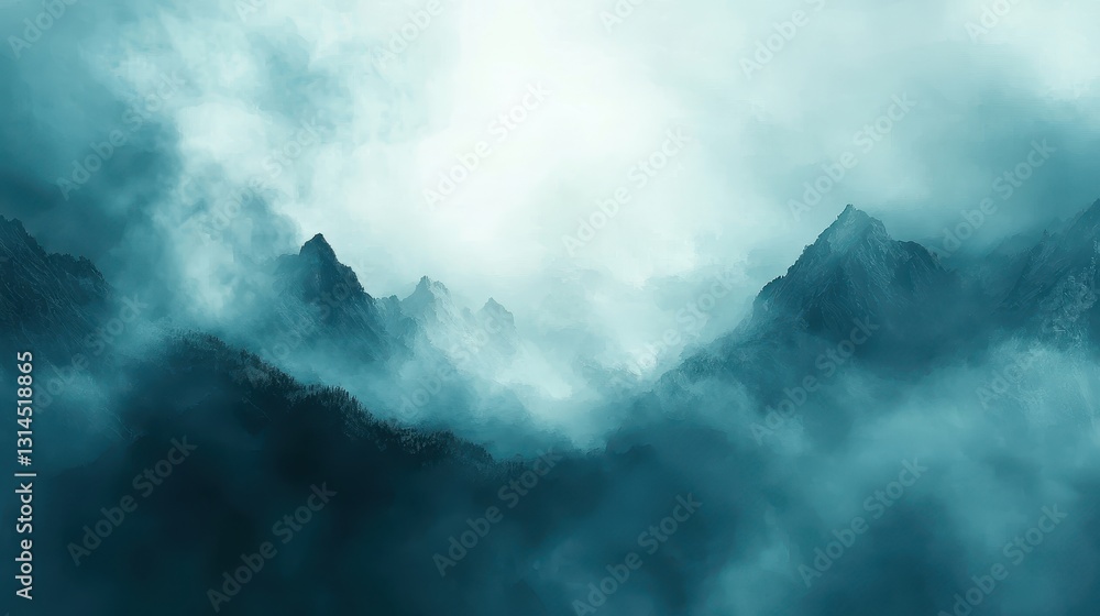 Ethereal Mountain Landscape with Fog and Mist in Cool Tones Ethereal Mountain Landscape with Fog and Mist in Cool Tones