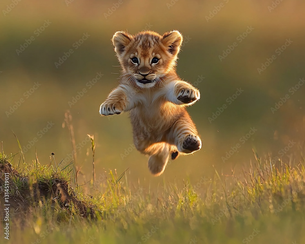 Obraz premium Adorable lion cub leaping in grassy savanna. Possible use Children's book illustration