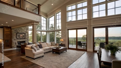 Modern Living Room with Large Windows and Scenic Outdoor View