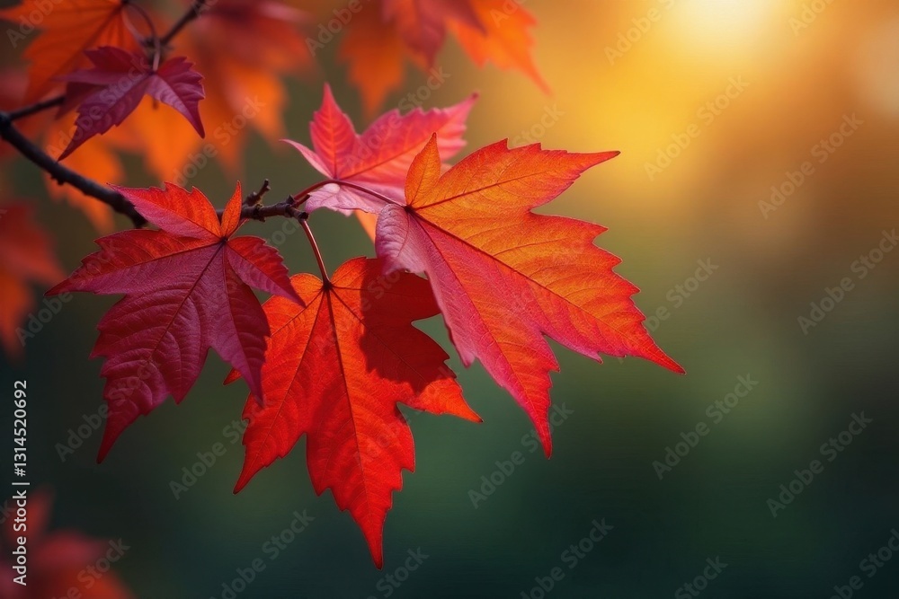 Vibrant crimson, gold, and russet leaves on branch , fall foliage, landscape Vibrant crimson, gold, and russet leaves on branch , fall foliage, landscape