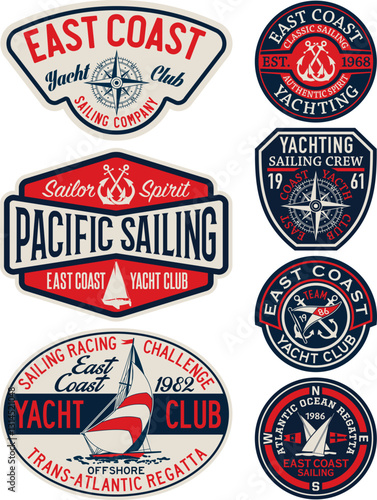 East coast nautical yachting sailing vintage vector badges collection