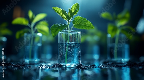 Fresh Mint Plants Growing in Clear Glass Containers Filled With Water Against a Dark Background Showcasing a Serene Indoor Garden Atmosphere