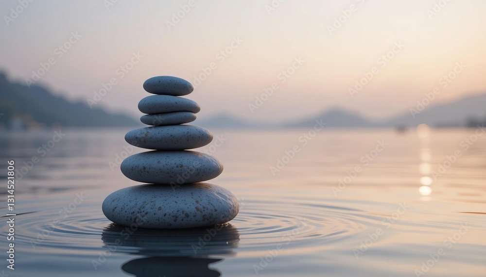 Floating Balance: A set of perfectly balanced stacked stones on calm water, symbolizing inner peace and mental harmony with copy space Floating Balance: A set of perfectly balanced stacked stones on calm water, symbolizing inner peace and mental harmony with copy space