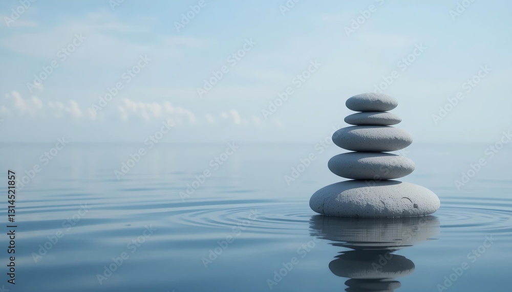 Floating Balance: A set of perfectly balanced stacked stones on calm water, symbolizing inner peace and mental harmony with copy space Floating Balance: A set of perfectly balanced stacked stones on calm water, symbolizing inner peace and mental harmony with copy space
