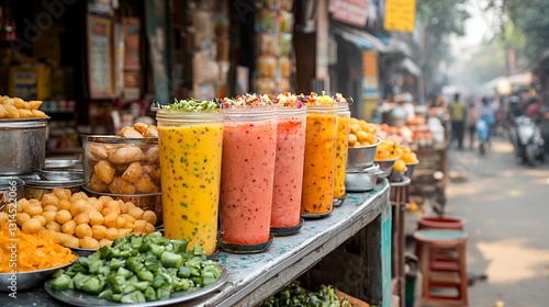Colorful Fruit and Vegetable Juices Displayed on a Vibrant Street Vendor Stall in a Bustling Market During Midday