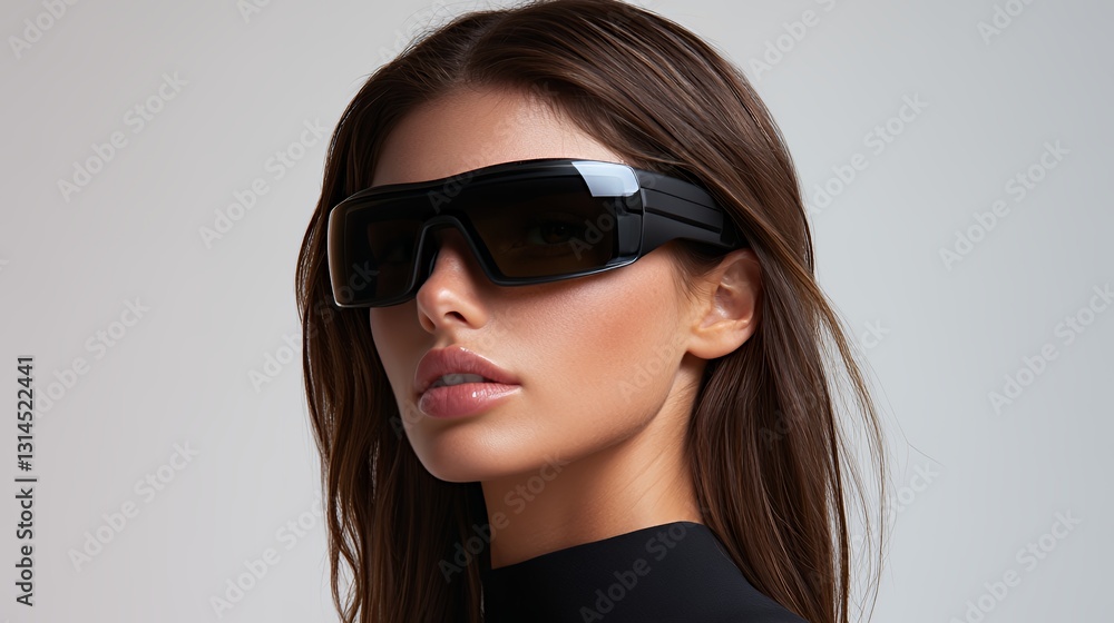 Trendy Fashion Model Showcases Futuristic Sunglasses in a Sleek Studio Setting During a Promotional Photoshoot Trendy Fashion Model Showcases Futuristic Sunglasses in a Sleek Studio Setting During a Promotional Photoshoot