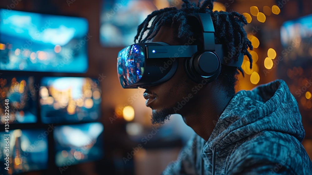 Young Man Immersed in Virtual Reality Gaming at Home Surrounded by Multiple Screens After Sunset Young Man Immersed in Virtual Reality Gaming at Home Surrounded by Multiple Screens After Sunset