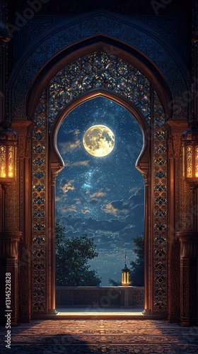 Dreamlike night an ornate window framing a starry sky