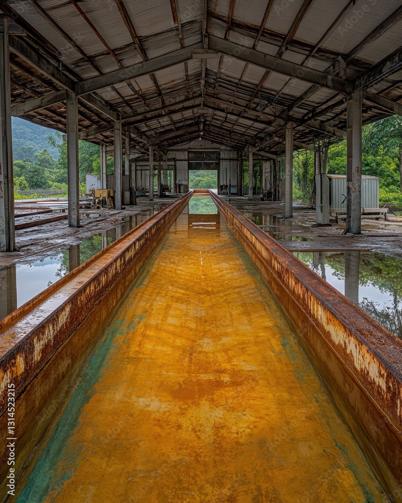 Fototapeta premium Abandoned industrial structure with rusted metal and water reflection creating a symmetrical perspective and moody atmosphere in a lush green environment