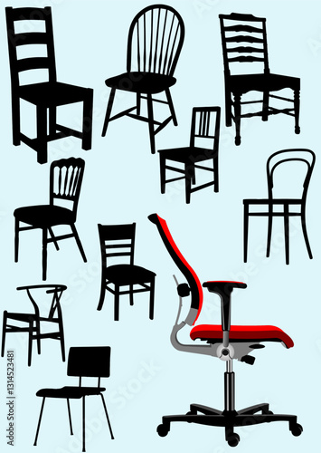 020-18-Eleven chairs, including a modern office chair, showcasing various styles and historical periods of furniture design. Hand drawn Illustration